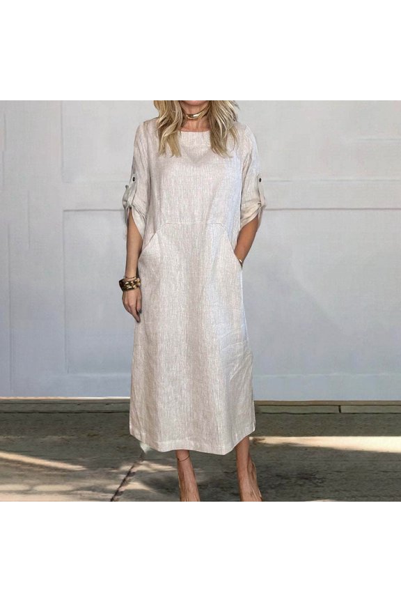 Womens Loose Casual Solid Color Short Sleeved Shirt Dress Long Skirt Lightweight Summer Dress Womens Dresses for Summer Casual Long Sleeve Tunic Dress for Women