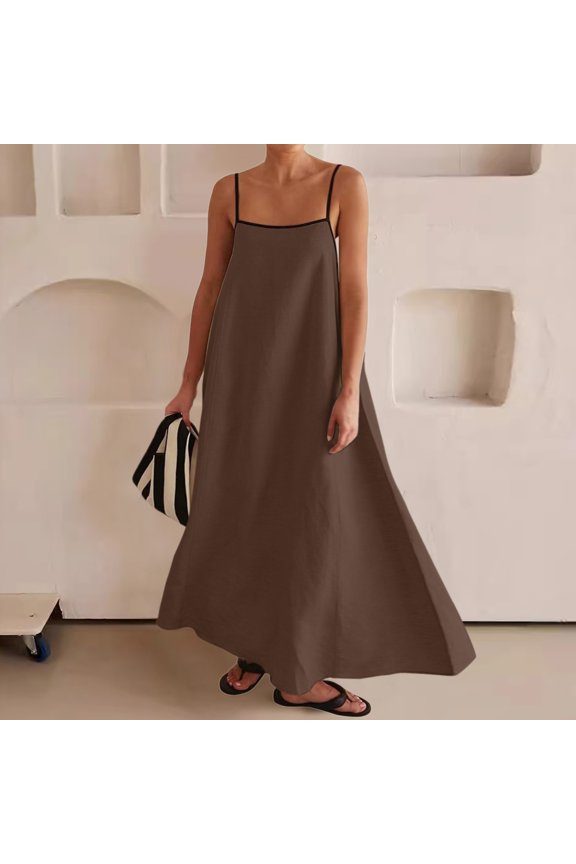 Womens Maxi Dress Contrast Trim Spaghetti Straps Summer Outfits Travel Sleeveless Long Dresses Daily Wear Dresses for Women Maxi Dress Short Sleeve Woman's Dresses