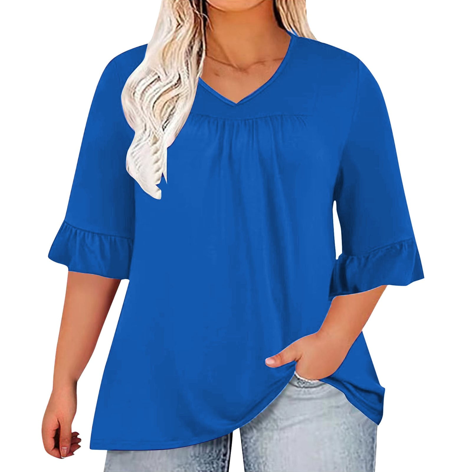 TIANZEN Womens Plus Size Tops 3/4 Ruffle Sleeve Shirt Casual V Neck ...