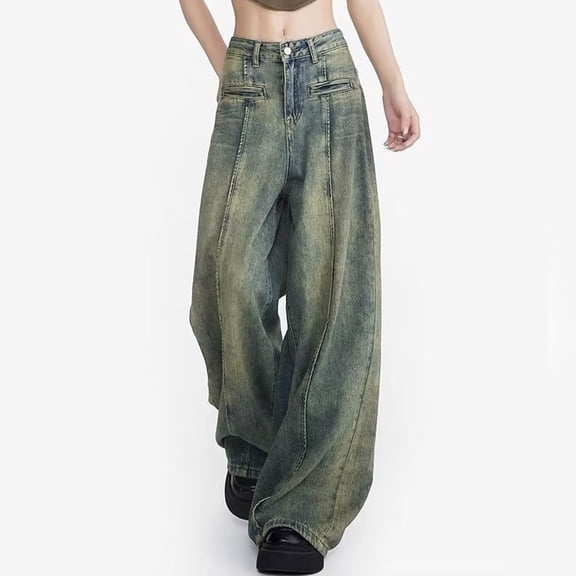 TIANZEN Womens Retro Yellow Mud Denim Jeans With A High Waist Straight Leg Wide Leg And Floor Length Pants Jean Pants for Women Cut up Jean Pants for Women 24 Stretch Pants for Women with Pockets