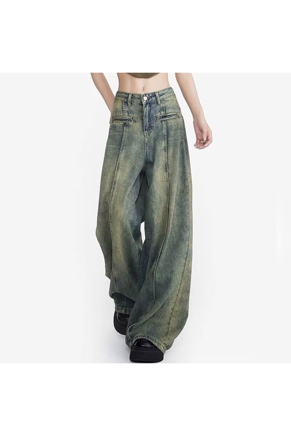 Womens Retro Yellow Mud Denim Jeans With A High Waist Straight Leg Wide Leg And Floor Length Pants Jean Pants for Women Cut up Jean Pants for Women 24 Stretch Pants for Women with Pockets