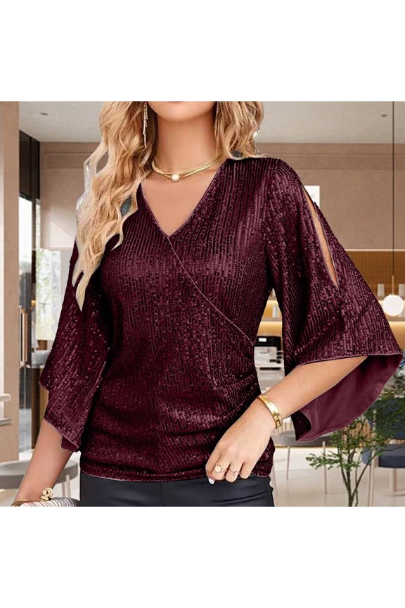 Womens Sequin Tops 3/4 Sleeve Glitter Sparkly Party Blouse V Neck Dressy Tops For Evening Size T Shirts Plain Long Sleeve Shirt Women Womens T Shirts