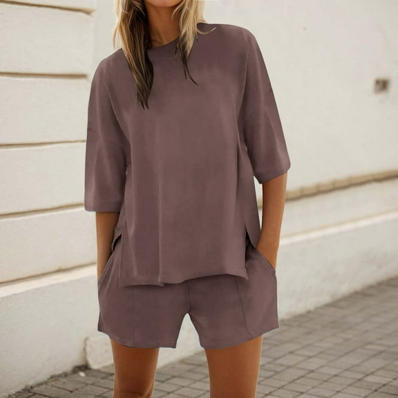 TIANZEN Womens Shorts Sets 2 Piece Outfits Summer 2025 Half Sleeve Crew Neck Sets Matching Clothing Bathing Suit Tops for Women Two Piece Outfits for Juniors Shorts Suit for Women High Waist