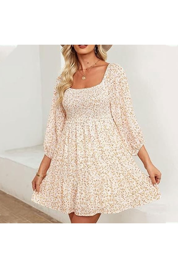Womens Spring Summer Dresses Boho Floral Square Neck Smocked 3/4 Sleeve Casual A Line Swing Mini Dress Long Sleeve Fall Dresses for Women Bump Friendly Dress Womens Dresses for Summer