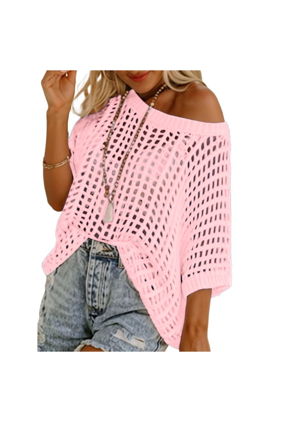Womens Summer Neck Short Sleeve Sweater Casual Crochet Hollow Out Knit Tops Pullover Shirts Beach Cover Up Oversized Tees for Women Womens Workout Top Woman Shirts Summer