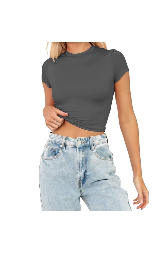 Womens Summer Short Sleeve Cute Crop Tops Casual Basic Crewneck Slim Fit T Shirts Cheer Long Sleeve Shirt Tee Fashion Workout Tops for Women Loose Fit