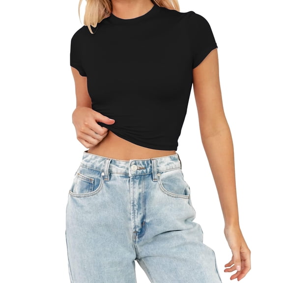 TIANZEN Womens Summer Short Sleeve Cute Crop Tops Casual Basic Crewneck Slim Fit T Shirts Cheer Long Sleeve Shirt Tee Fashion Workout Tops for Women Loose Fit