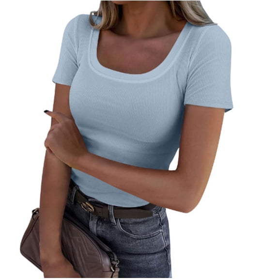 TIANZEN Womens Summer Short Sleeve Tops Square Neck Ribbed Slim Fitted Shirts Casual Tee Tshirt Womens Raglan Top Shirt Athletic Women Women Summer T Shirts