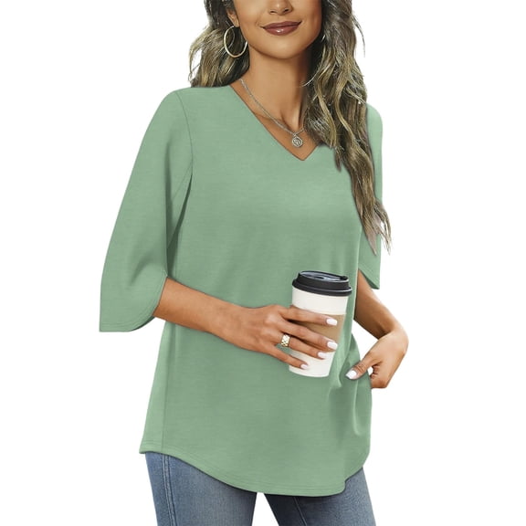 TIANZEN Womens Summer Tops V Neck 3/4 Sleeve Shirts Loose Fit Tunic Top For Leggings Women's Long Sleeve Tee Shirts Long Sleeve The Shirt Valentines Day Shirts for Women