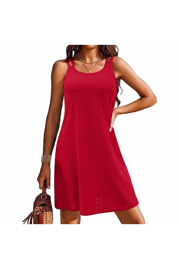 Womens Swimsuit Cover Up Spaghetti Strap Eyelet Embroidery Neck Sleeveless Casual Summer Dress Bikini Straight Dresses for Women V Neck Dresses for Women Casual Long Sleeve Short Dress