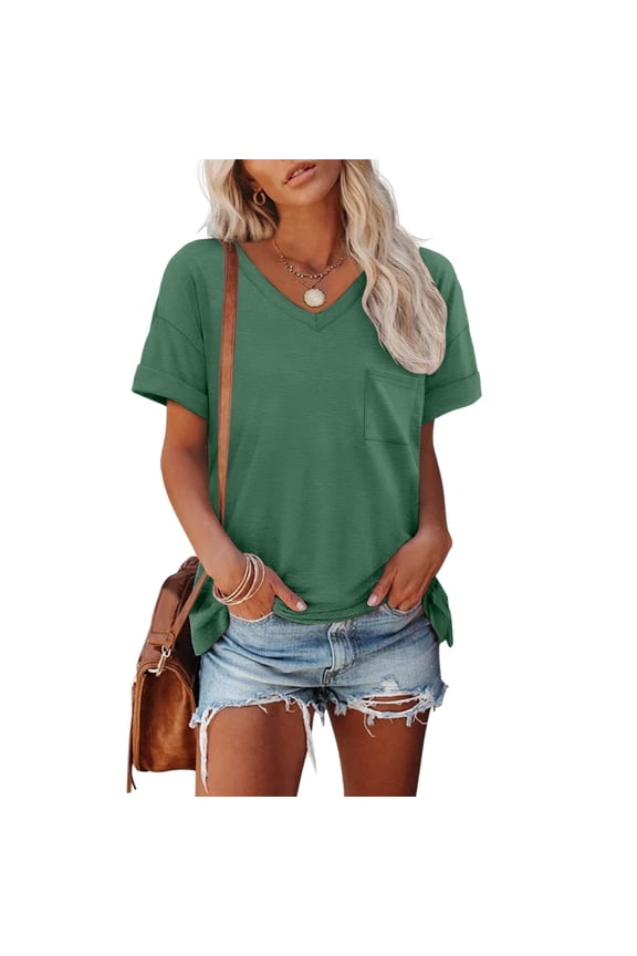 Womens T Shirts Short Sleeve V Neck Tops With Pockets Summer Fashion Trendy Soft Casual Comfy Outfits Clothes Short Sleeve Active Wear Women Tee Oversized Tees for Women
