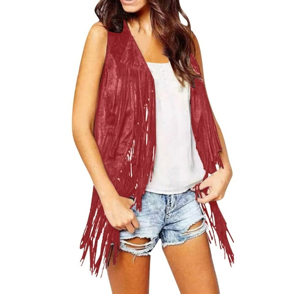 TIANZEN Womens Tassel Sleeveless Vest 70s Hippie Suede Fringe Jacket Cardigan Womens Christmas Vest Velour Vest Puffy Vest Women Long