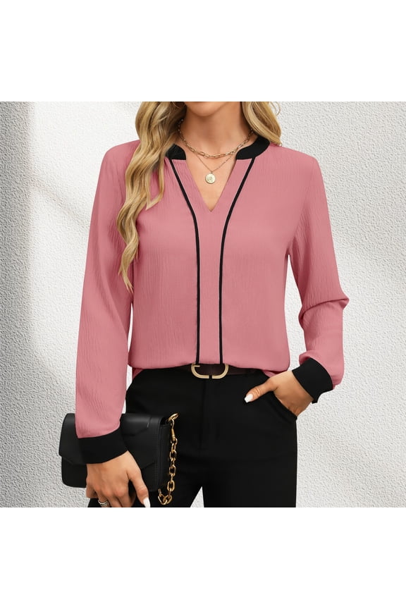 Womens Tops Dressy Casual V Neck Color Block Business Casual Blouses Long Sleeve Work Shirts Fall Trendy Clothes Women's Layering Tees Ladies Tees And Tops Womens Compression T Shirt