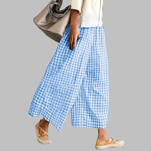 TIANZEN Womens Wide Leg Capri Pants Gingham Plaid Culottes Summer Elastic Waist Palazzo Trousers Bottoms With Pockets Jogging Pants Women Womens Pants Casual Work plus Size Cargo Pants for Women