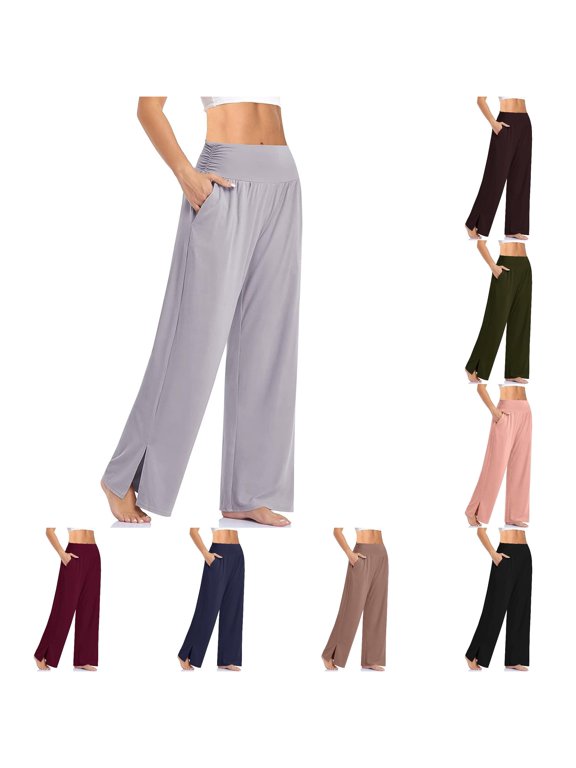 Womens Wide Leg Yoga Pants High Waisted Side Slit Joggers Casual Loose Sweatpants With Pockets Patterned Pants