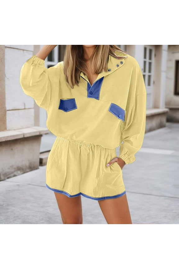 Workout Sets For Women Long Sleeve Half Button Pullover Elastic Waist Shorts Slouchy 2 Piece Set With Pockets Fall Bodysuit Tops Bathing Suits Women Shorts Swimming Shorts Womens