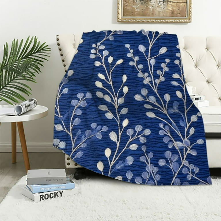 TIAOTIAOHOU Flower Pattern Quilted Throw Blanket for Bed Couch Sofa Soft and Lightweight Navy Blue White Walmart