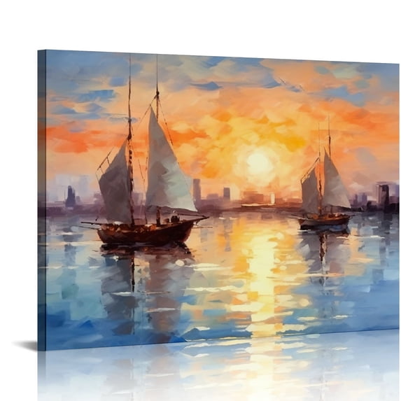 AWERP Ocean Wall Art for Living Room, Abstract Sea and Sailboat Canvas Print Painting for Bedroom, Gold and Blue Pictures Artwork Decor