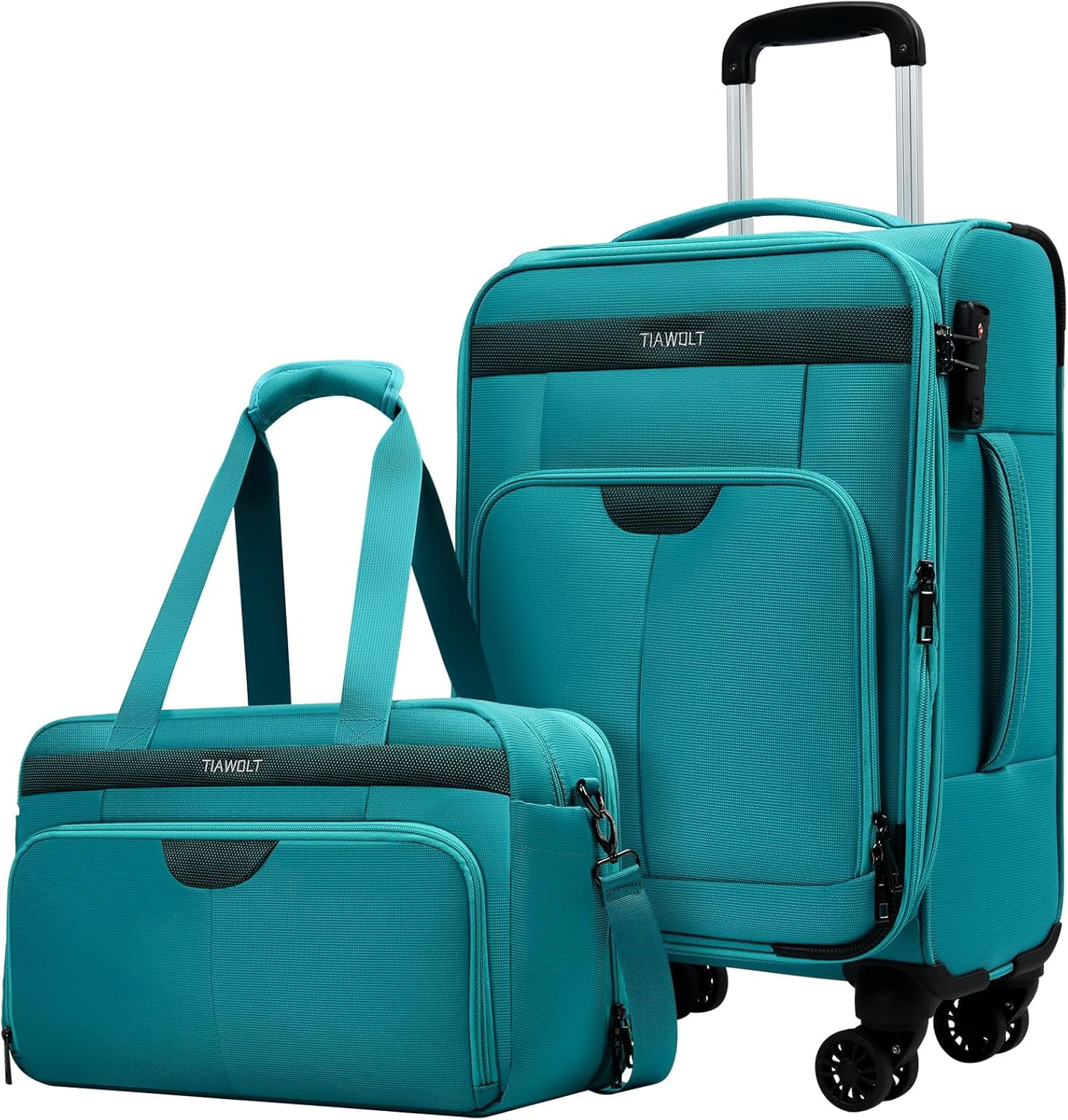 TIAWOLT Carry On Luggage 22x14x9 Airline Approved with Wheels,2-piece Luggage Set,Softside Expandable Luggage Suitcase with TSA Lock&Carry-on UnderSeat travel Duffle Bag,Weekender Bag-Green
