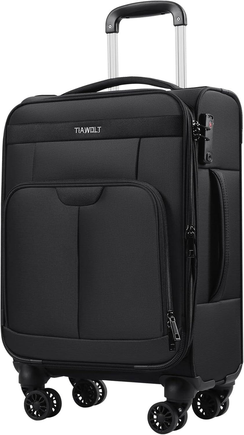 TIAWOLT Carry on Luggage with Spinner Wheels 20-Inch ,Lightweight Expandable Suitcase Softside Rolling Luggage with TSA Lock for Women Men-Black