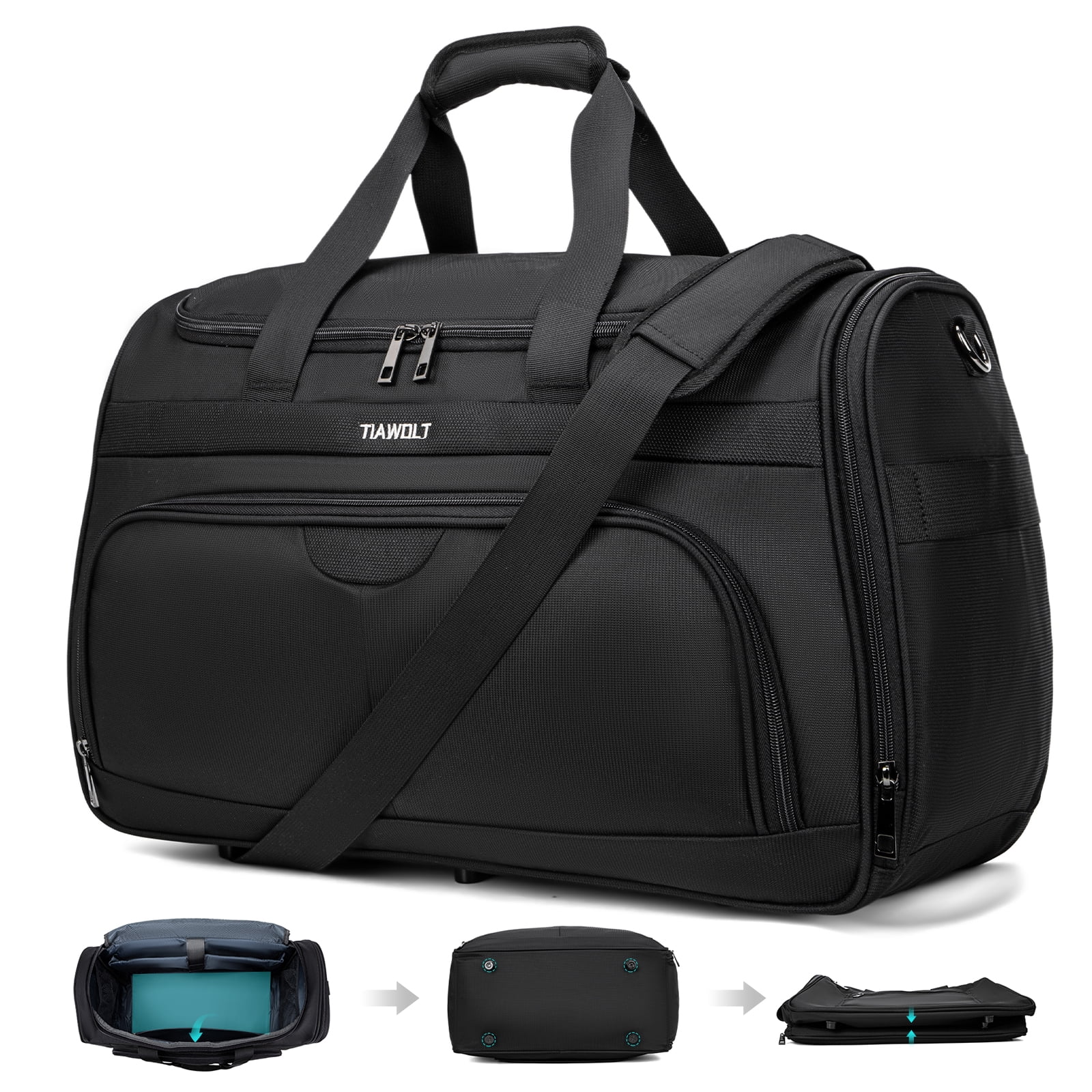 TIAWOLT Foldable Carry-On Luggage Bag Lightweight & Durable Overnight Weekender Duffle Carry On Bag with Luggage Sleeve Hospital Bag or Airplane Travel Bag for Women and Men,Black