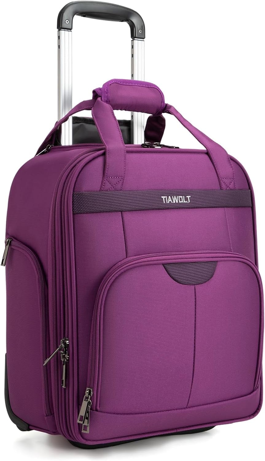 TIAWOLT Underseat Carry on Luggage with Wheels,16-inch Airline Approved Personal Item Stylish Softside Underseater Suitcases with Wet/Dry Pockets,Overnight Rolling Carry-on Bag for Short Trip, Purple