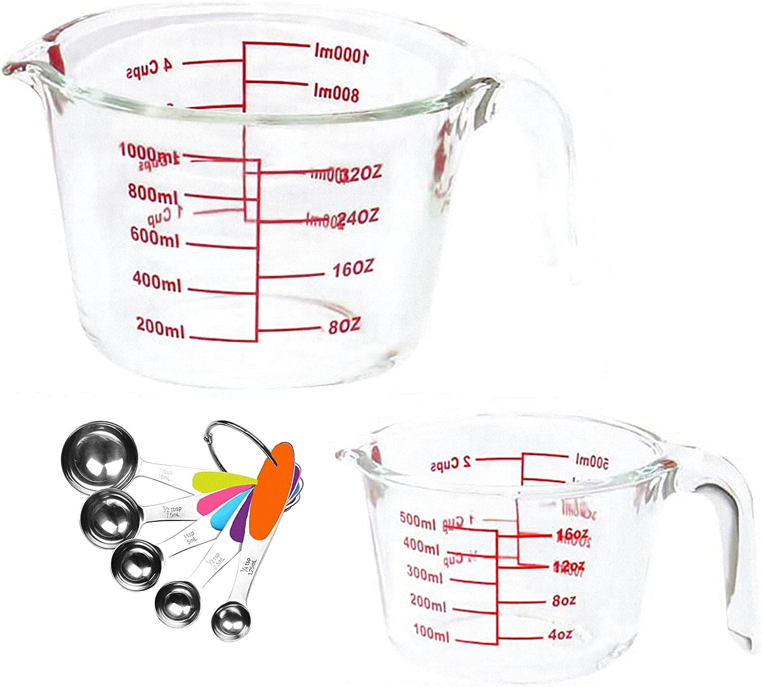 TIBLEN 7-Pack Glass Measuring Cup Set 34 and 17 oz Microwave, Freezer Safe,  No BPA + 5 Measuring Spoons 