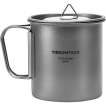 TIBROMTACK Camping Cup with Lid Pure Titanium Coffee Mug Ultralight 450ml Outdoor Small Camping Pot with Foldable Handle and Mesh Bag