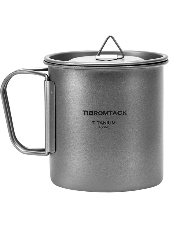 TIBROMTACK Camping Cup with Lid Pure Titanium Coffee Mug Ultralight 450ml Outdoor Small Camping Pot with Foldable Handle and Mesh Bag