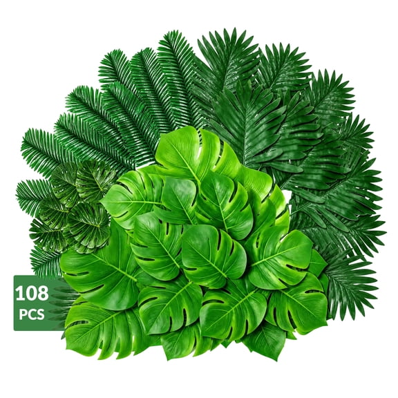 TickJOY 108 Pack Fake Palm Leaves Tropical Decor - Artificial Monstera Leaves with 6 Sizes Large Small Green Leaves and Flexible Stems, Safari Jungle Hawaiian Luau Wedding Birthday Party Decorations