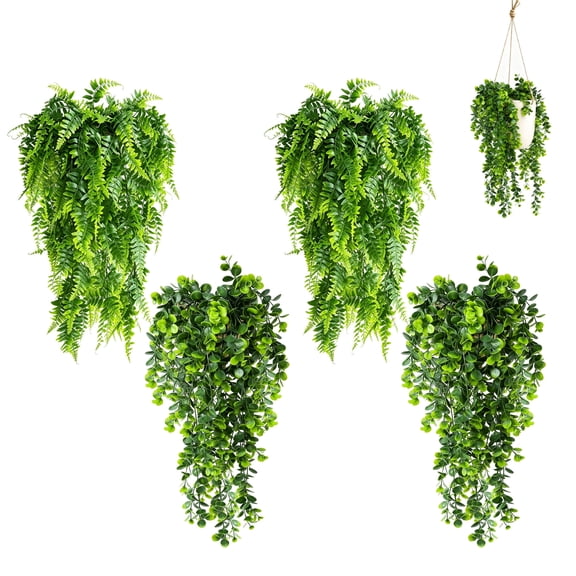 TICKJOY 4Pcs Fake Hanging Plants ,Faux Eucalyptus Leaf Fake Ivy Ferns Vine UV Resistant for Outdoor,Indoor ,Bedroom, Living Room ,Shelf and Garden Decor (2 Persian Vine+2 Eucalyptus Vine)
