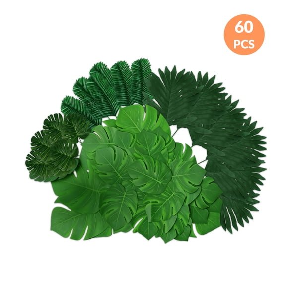 TickJOY 60 Pack Fake Palm Leaves Tropical Decor - Artificial Monstera Leaves with 6 Sizes Large Small Green Leaves and Flexible Stems, Safari Jungle Hawaiian Luau Wedding Birthday Party Decorations