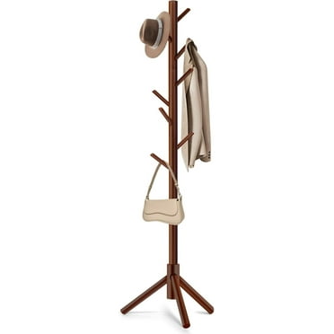 TickJOY Wood Coat Rack Stand – Adjustable Standing Coat Tree with 8 Hooks, Brown Coat Hanger Stand for Bedroom, Hallway, Entryway, or Office