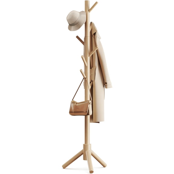 TickJOY Wood Coat Rack Stand – Adjustable Standing Coat Tree with 8 Hooks, Natural Coat Hanger Stand for Bedroom, Hallway, Entryway, or Office