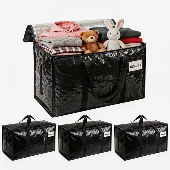 TICKJOY 4 Pack Extra Large Moving Bags with Strong Zipper and Reinforced Handles, Durable Storage Bags Moving Boxes for Closet Organizers and Storage (90 L,Black)