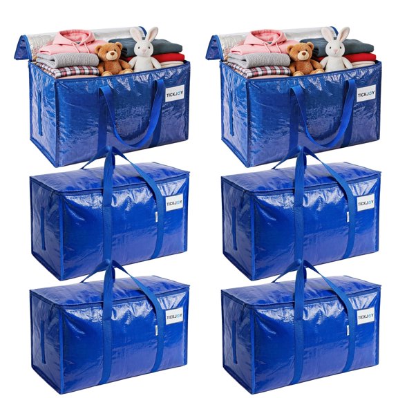 TICKJOY 6 Pack Extra Large Moving Bags with Strong Zipper and Reinforced Handles, Durable Storage Bags Moving Boxes for Closet Organizers and Storage (90 L,Blue)