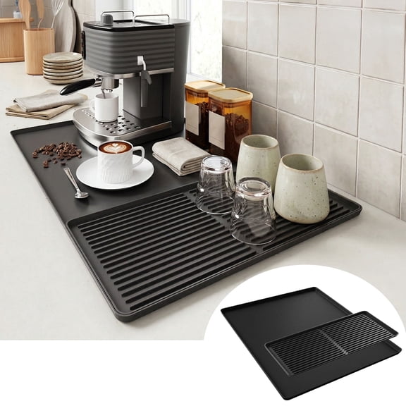 TICKJOY Silicone Coffee Mat , 24'' x 16'' Bar Mat for Countertops with Detachable Dish Drying Mat,  Coffee Maker Mat, Heat Resistant Mats for Countertop, Dish Drying Mat (Black)