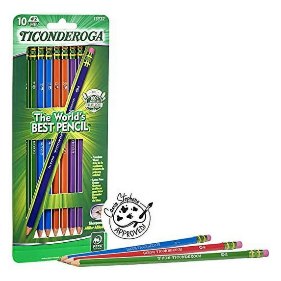 TICONDEROGA Pencils, Wood-Cased Graphite, #2 HB Soft, Pre-Sharpened, Assorted Color Barrels, Black Lead, 10-Pack (13932)