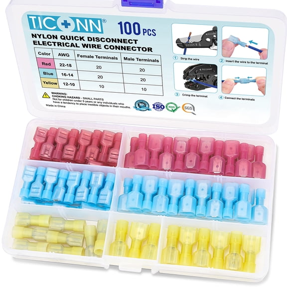 TICONN 100pc Nylon Spade Quick Disconnect Wire Connectors Terminal Kit