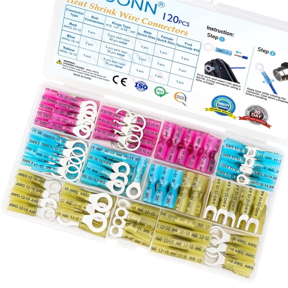 TICONN 120pc Heat Shrink Wire Connectors Kit, Waterproof Crimp Terminals
