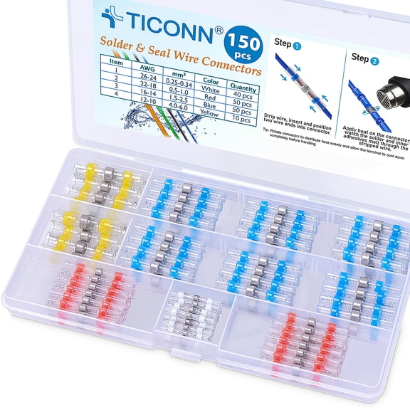 TICONN 150pcs Solder Seal Wire Connectors Heat Shrink Butt Connectors Waterproof Kit