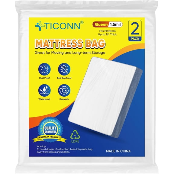 TICONN 2 pack Queen Mattress Bags for Moving & Storage, 1.5 Mil Waterproof Covers