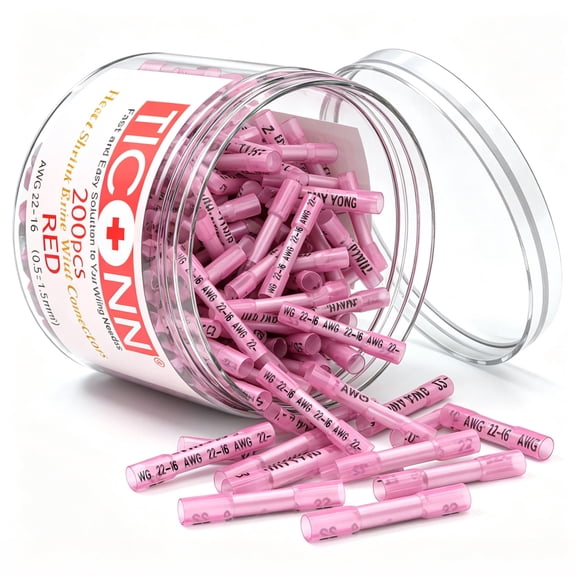 TICONN 200pc Red Heat Shrink Butt Wire Connectors, Waterproof Crimp Terminals