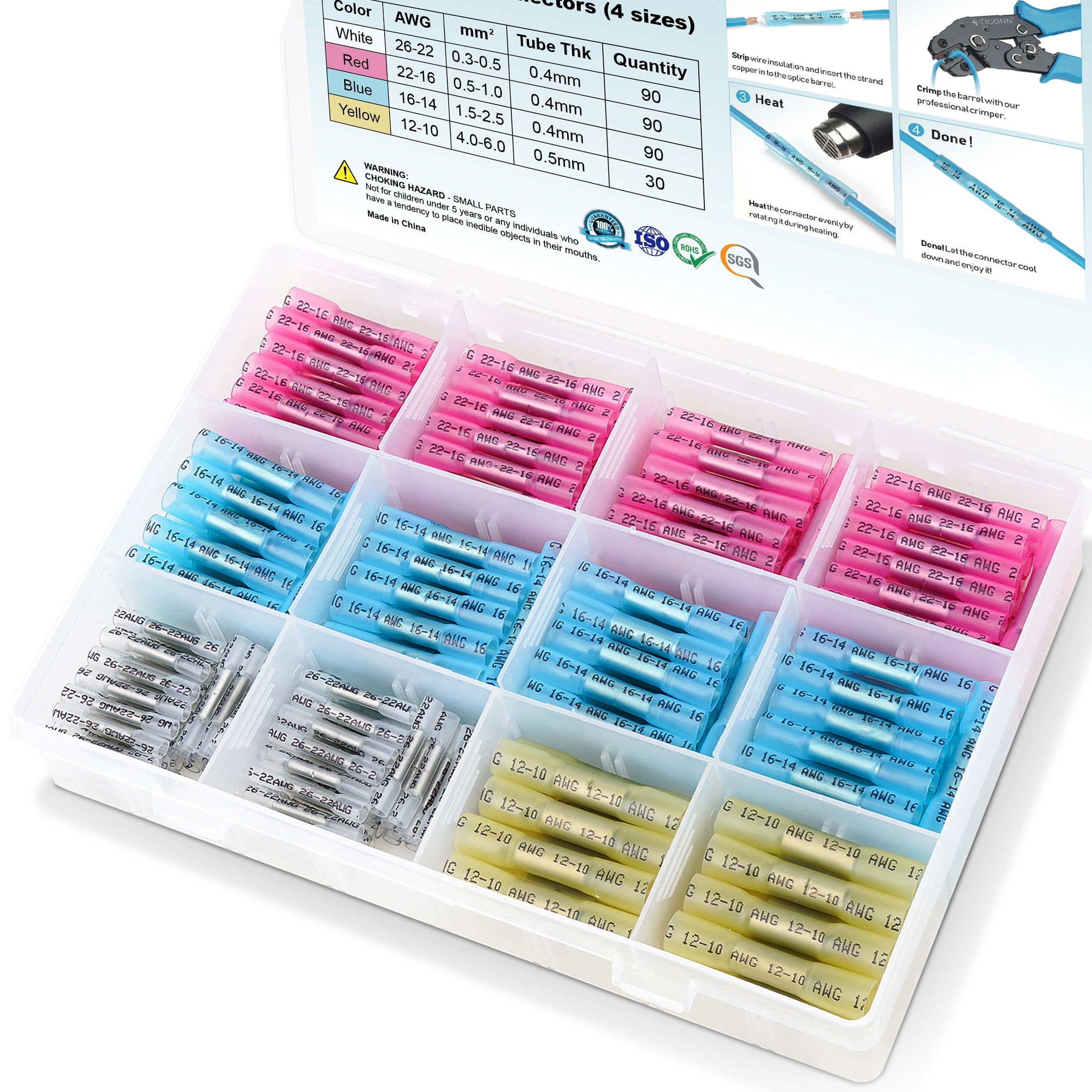 TICONN 300pc Heat Shrink Butt Connectors Kit, Waterproof Wire Crimp Terminals