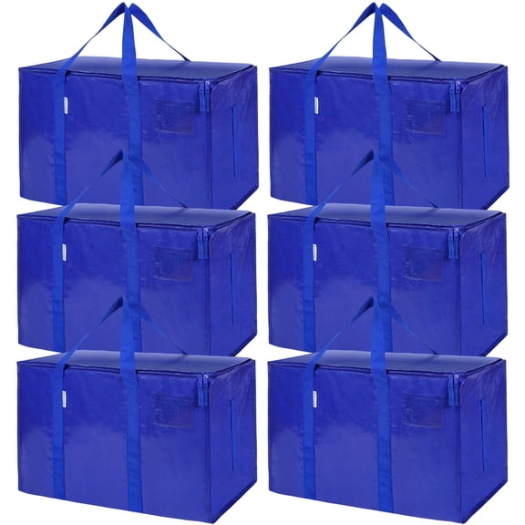 TICONN 6pk XL Moving Bags with Zippers & Handles, Heavy Duty Storage Totes, Blue