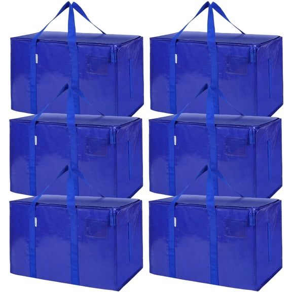 TICONN 6pk XL Moving Bags with Zippers & Handles, Heavy Duty Storage Totes, Blue