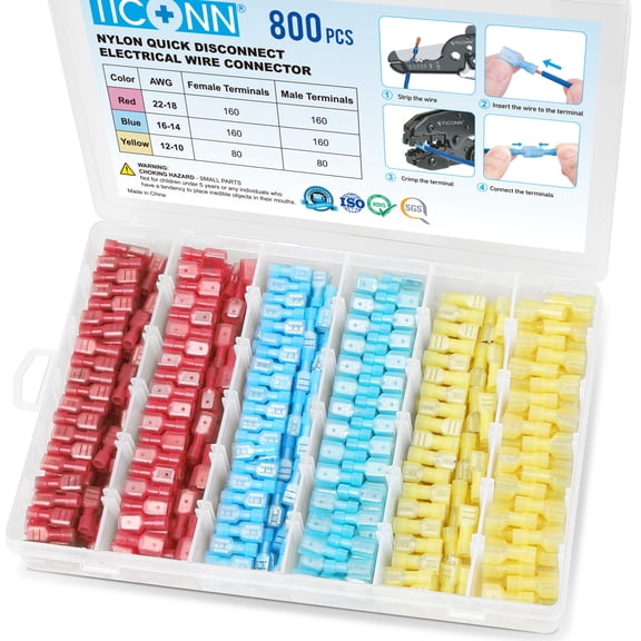 TICONN 800pc Nylon Spade Quick Disconnect Connectors Kit, Wire Crimp Terminals