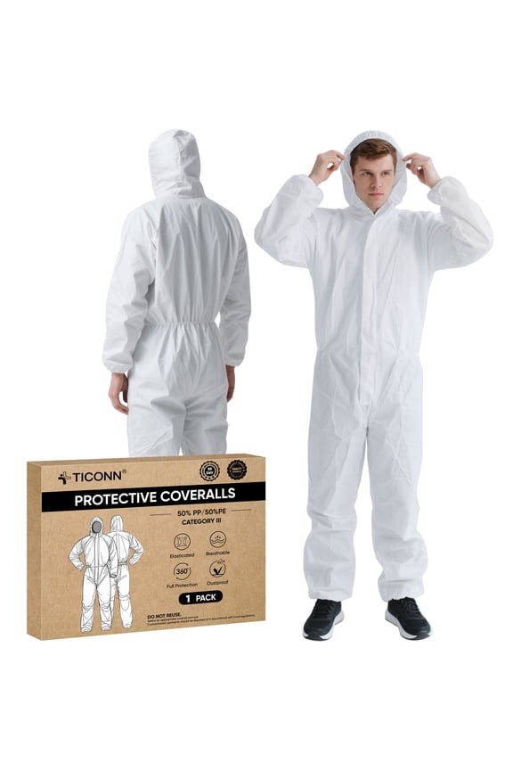 Disposable Hazmat Suit Coveralls, Full Body Protective PPE Lab Paint Suit, Medium