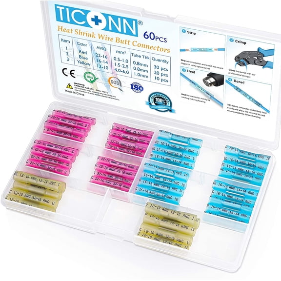 TICONN 60pc Heat Shrink Butt Wire Connectors, Waterproof Crimp Terminals