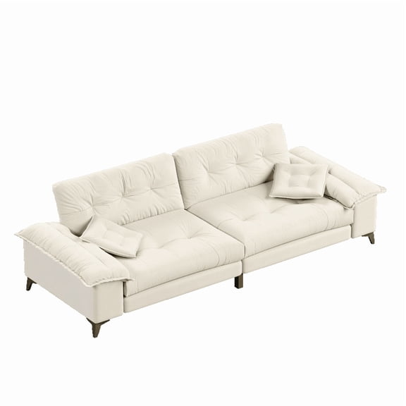 TICOZE 104.7 Inch Modern 4-Seat Cloud Sofa with Wide Removable Armrests, Tufted Chenille Upholstered Couch with 2 Pillows and Metal Legs for Living Room and Apartment, Beige White